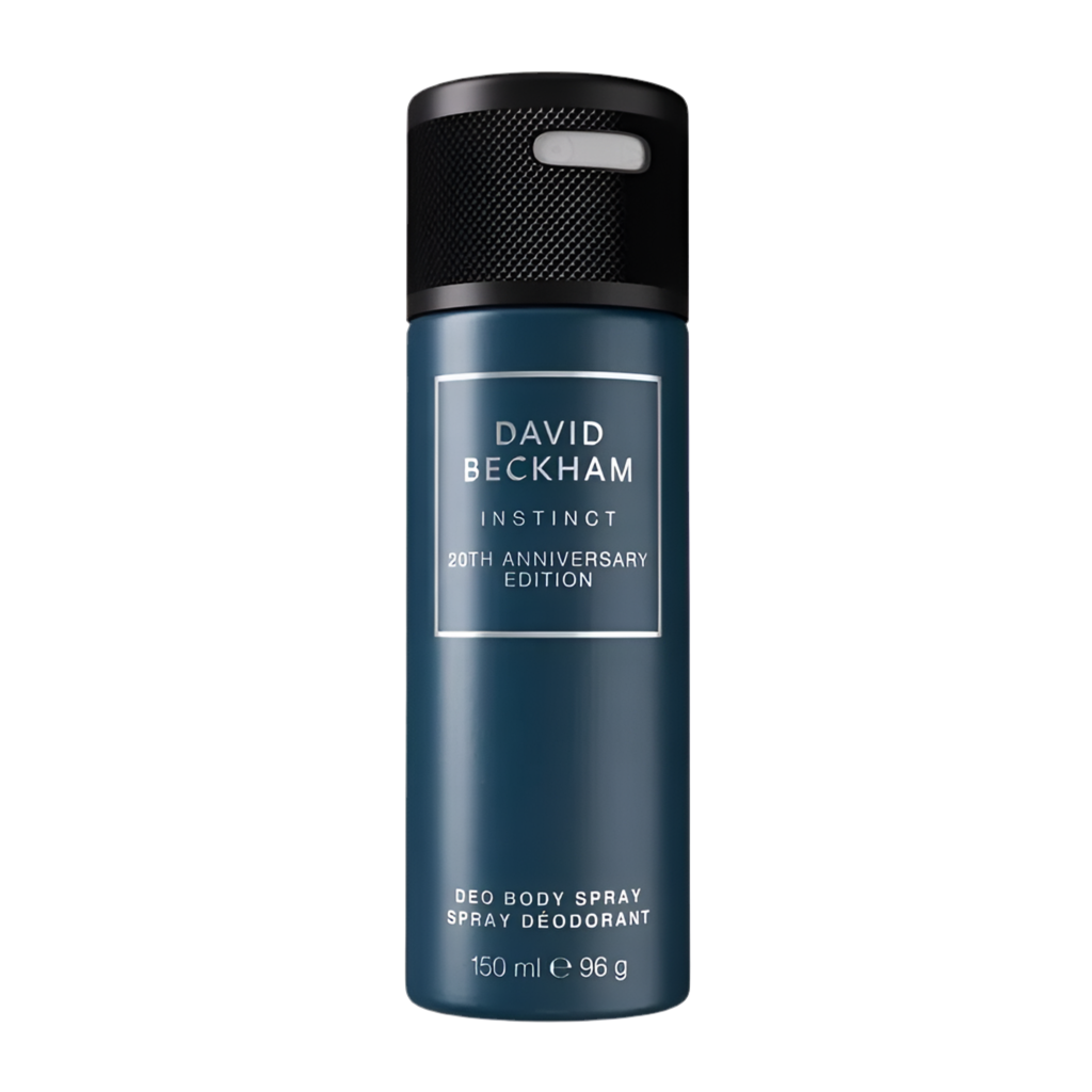 David Beckham Instinct deodorant spray bottle on a white background