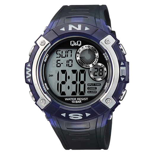 Men’s Q&Q Digital Sports Watch – 100M Waterproof, Black & Dark Blue, Timer, Alarm & More – 1-Year Warranty