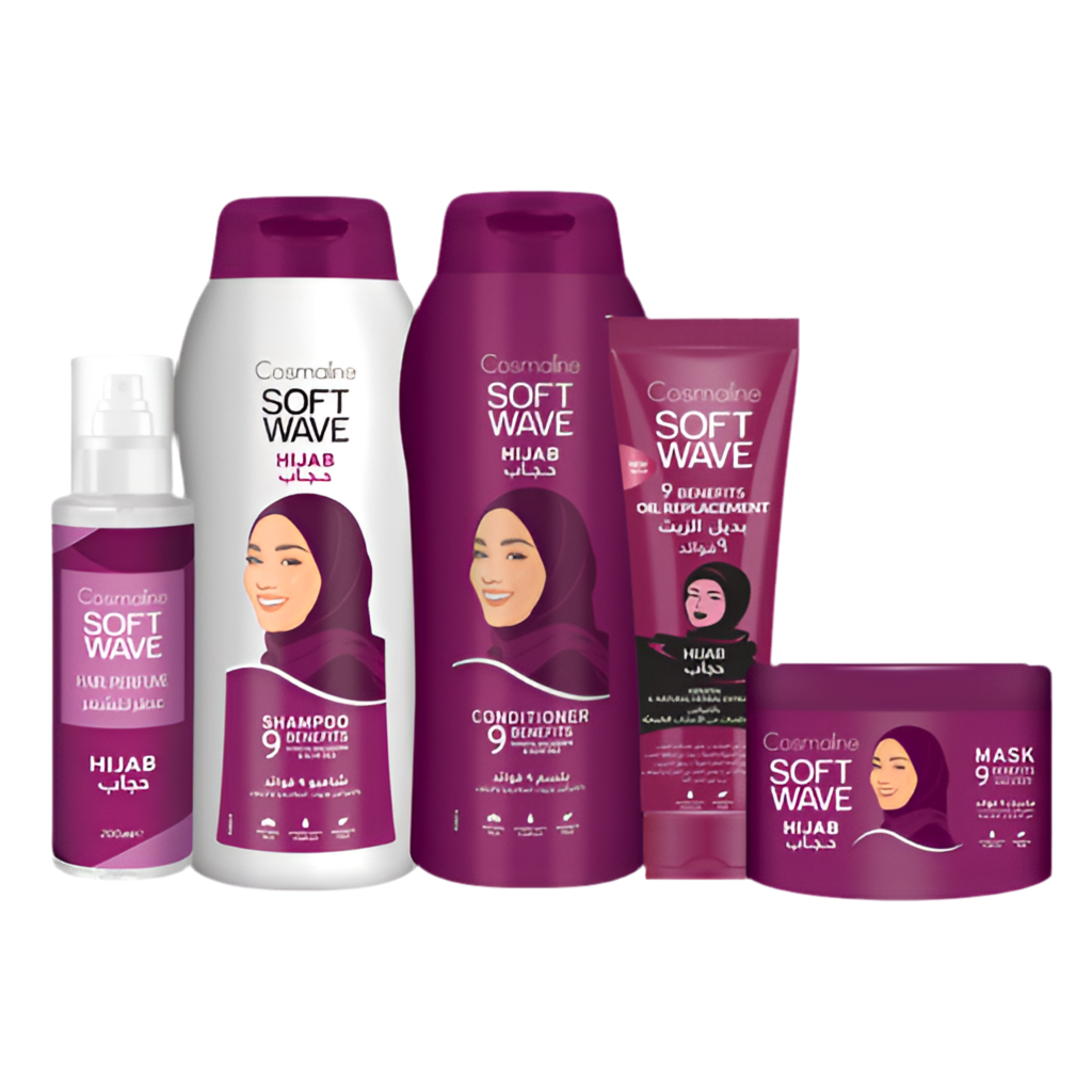 Cosmoline Soft Wave Hijab hair care product set on a white background