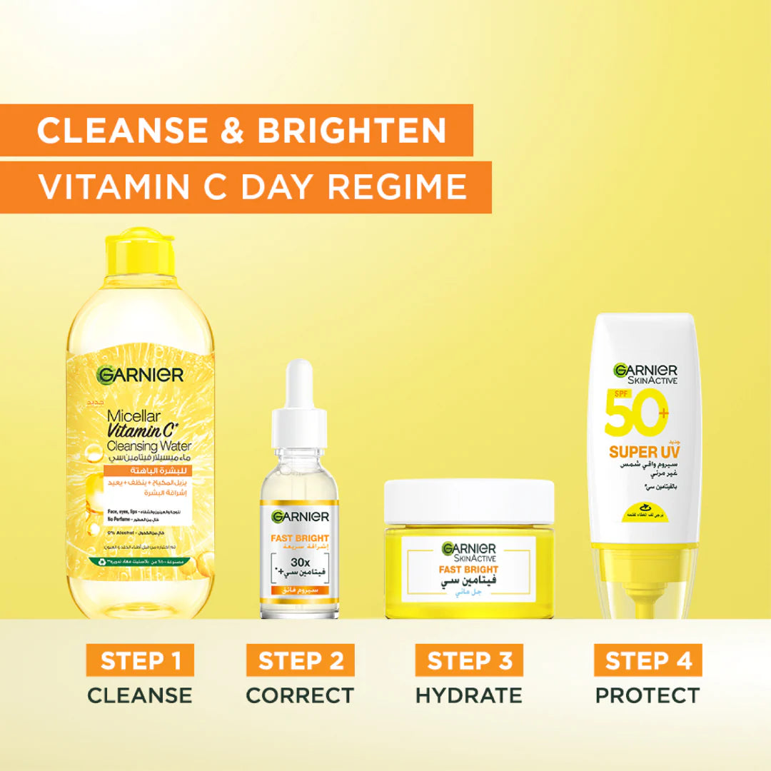 Garnier skincare products for a vitamin C day regime on a yellow background