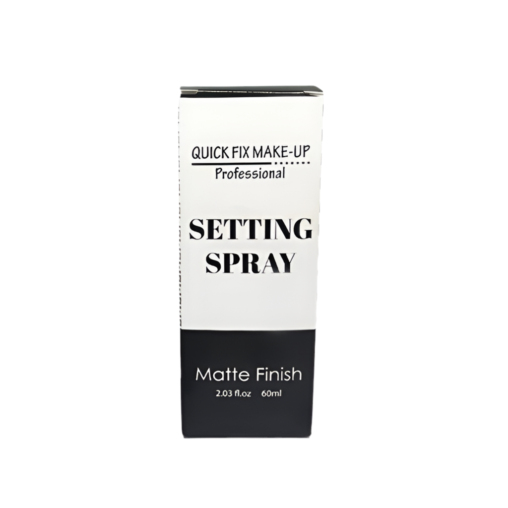 Setting spray packaging with 'Quick Fix Make-Up Professional' branding on a white background
