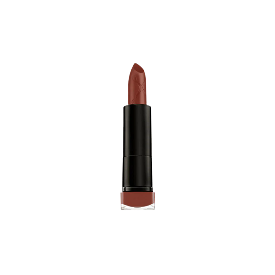 Lipstick with a black casing and red-brown color on a white background