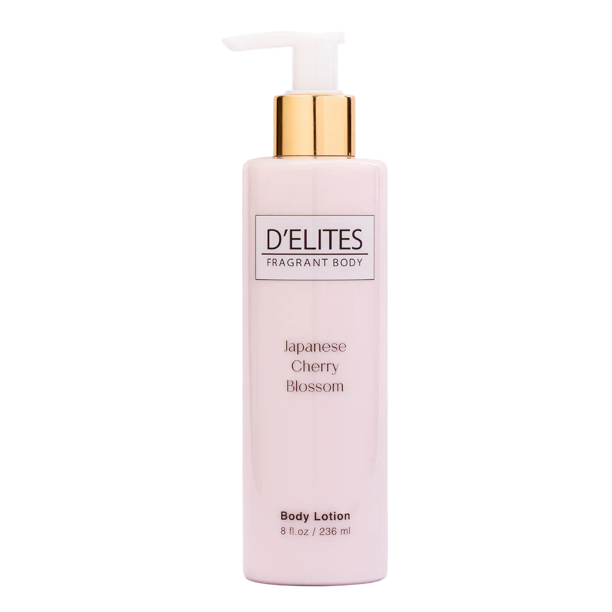 Body lotion bottle with gold pump and 'D'Elites' branding on a white background