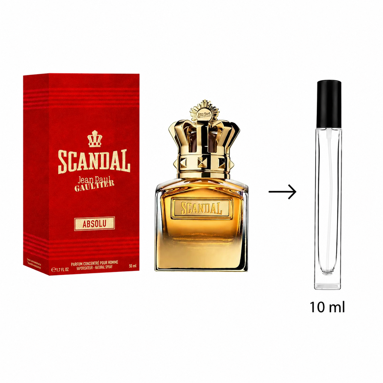 Scandal Absolu perfume shown with its red box, a gold-toned bottle, and a small clear 10 ml sample spray tube on a white background.