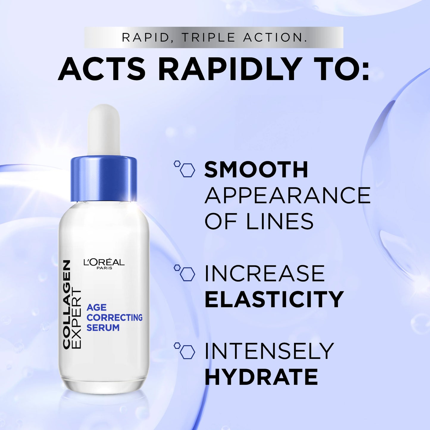 L'Oreal Collagen Expert serum bottle with text on a blue background