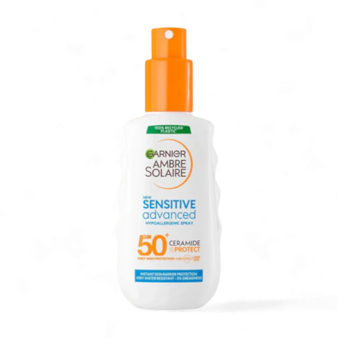 Garnier Ambre Solaire sunscreen spray bottle on a white background