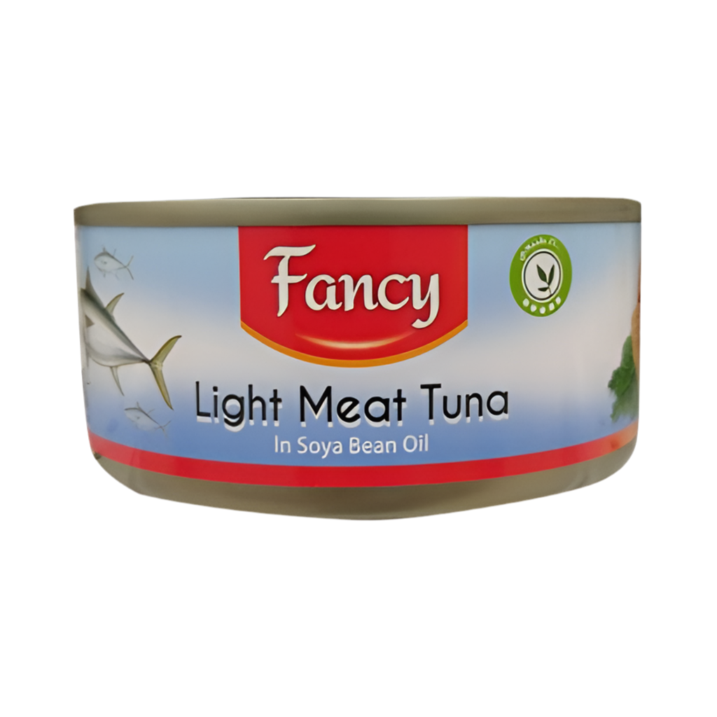 Can of Fancy light meat tuna on a white background