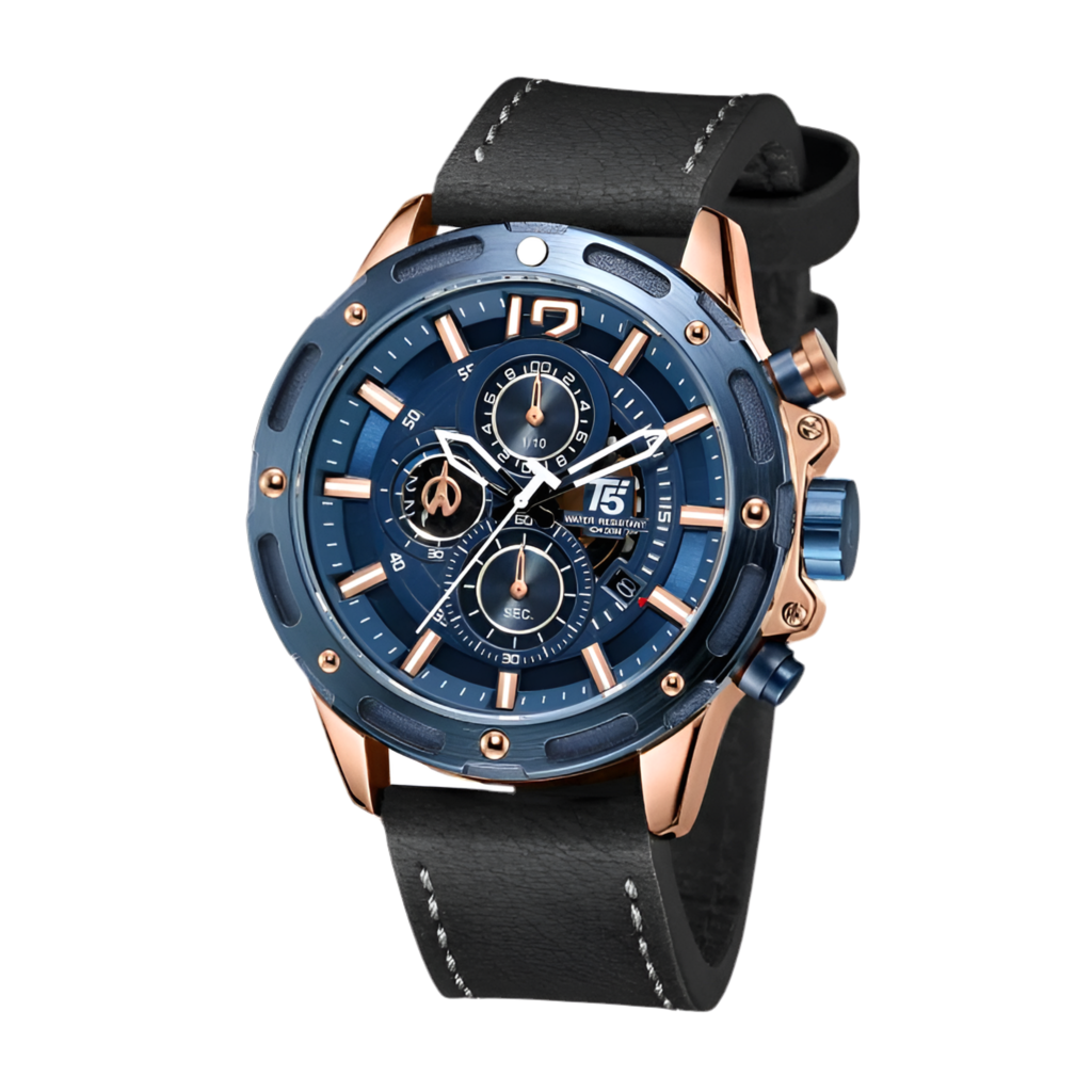 T5 Original Chronograph Quartz Watch for Men - Burgundy Leather Strap & Blue Dial