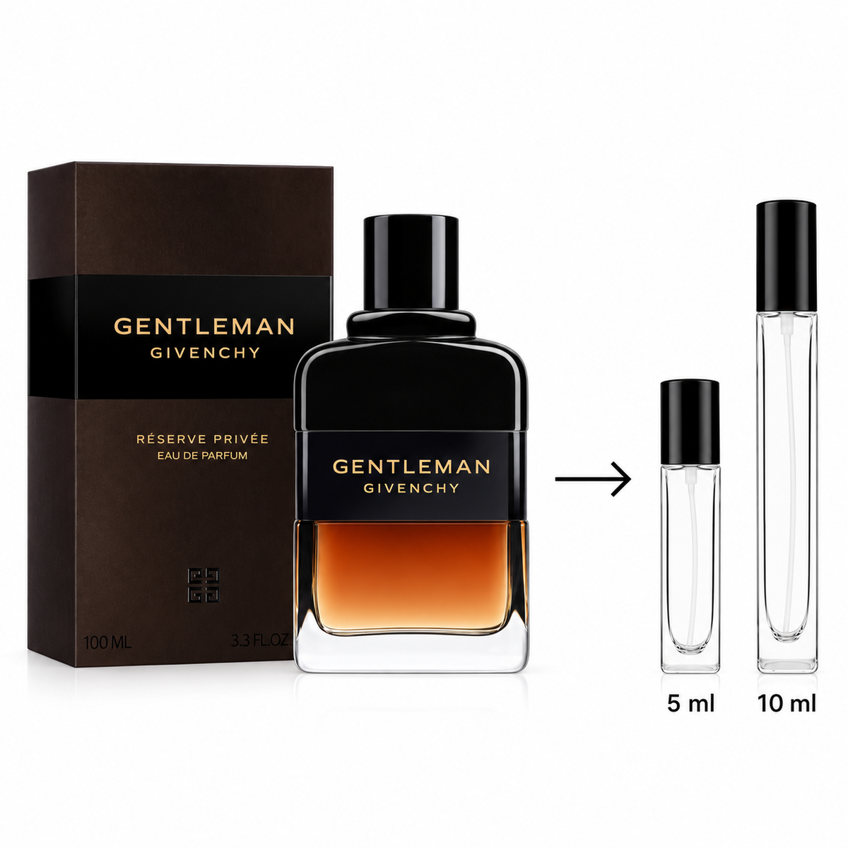 Givenchy Gentleman Reserve Privée Eau de Parfum shown with a 100 ml box, a 3.3 fl oz main bottle, and two travel decant vials labeled 5 ml and 10 ml on a white background.