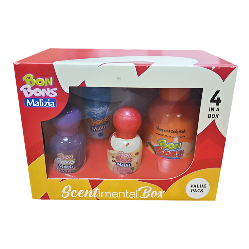 Box of Bon Bons Malizia scented products with four bottles inside on a white background