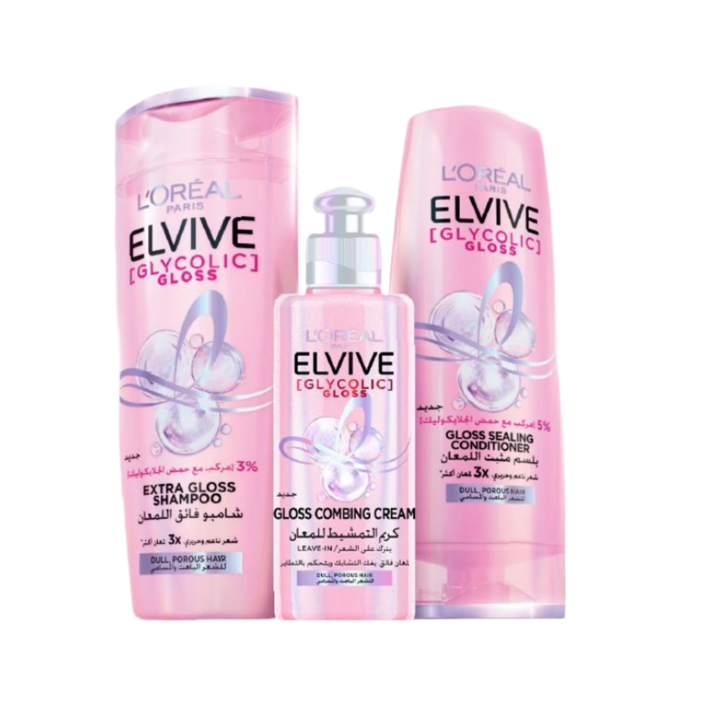 L'Oreal Elvive Glycolic Gloss hair care products on a white background