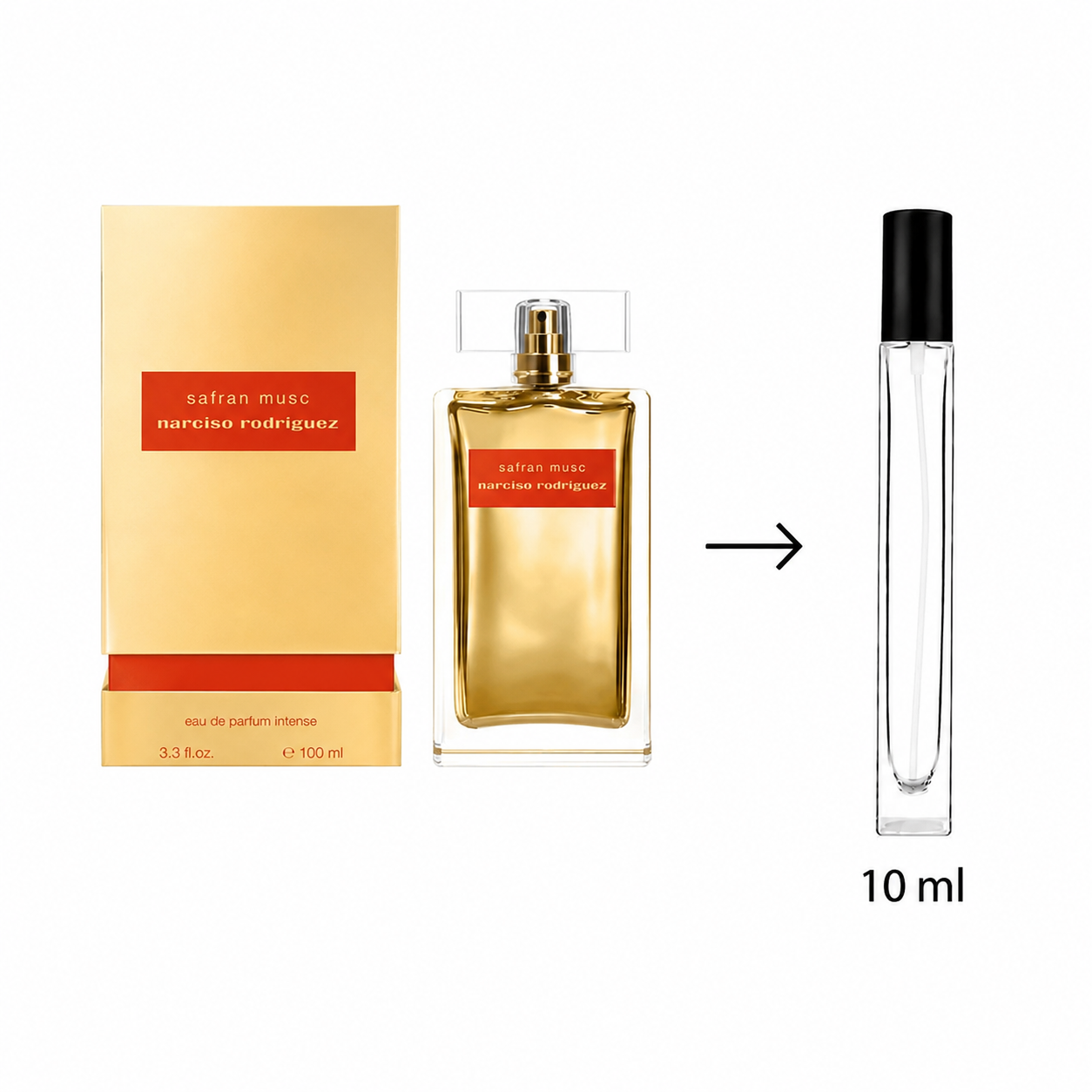 Narciso Rodriguez Safran Musc perfume shown with its gold and red box, a full-size amber glass bottle, and a small clear 10 ml travel atomizer spray bottle on a white background.