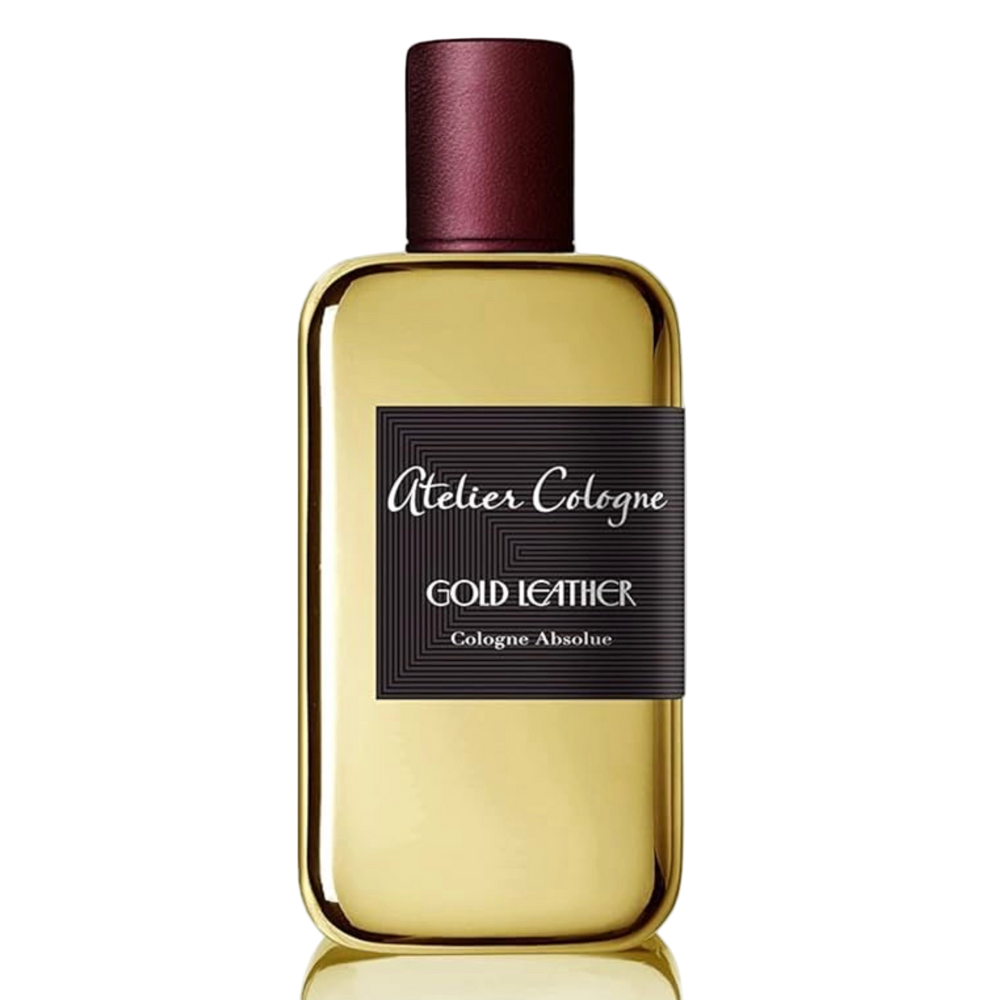 Gold perfume bottle with a black label on a white background