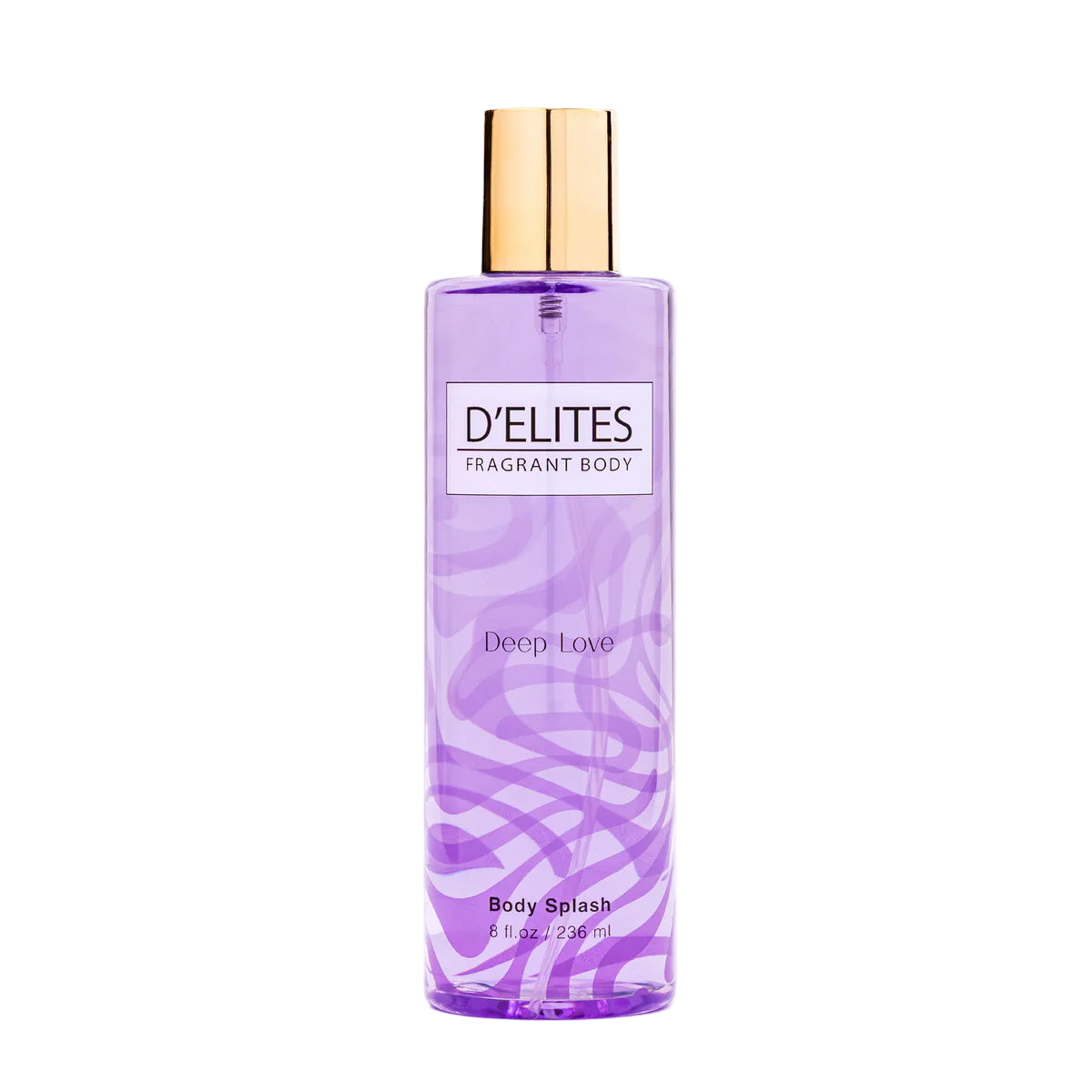 Purple bottle of D'Elites Deep Love Body Splash on a white background