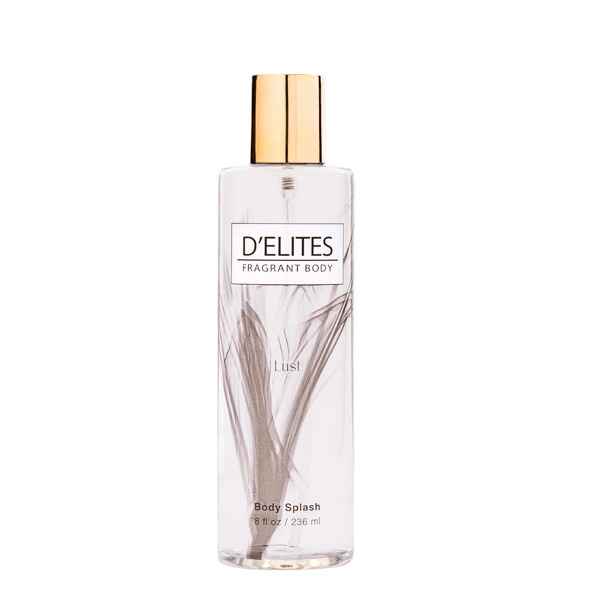 Clear bottle of D'Elites Fragrant Body Splash with gold cap on a white background