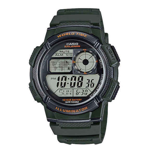 Green Casio digital watch on a white background