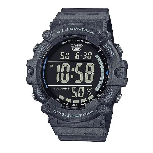A black Casio digital sports watch with a rugged resin case, featuring a large display showing the time as 10:58 and various functional buttons around the bezel.