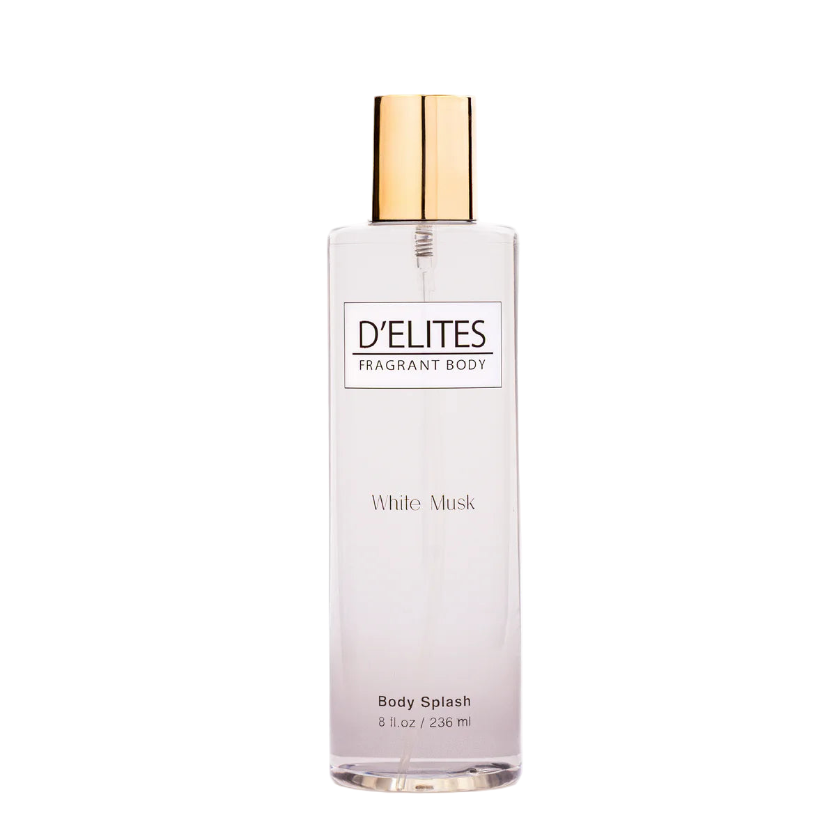 D'Elites White Musk body splash bottle on a white background