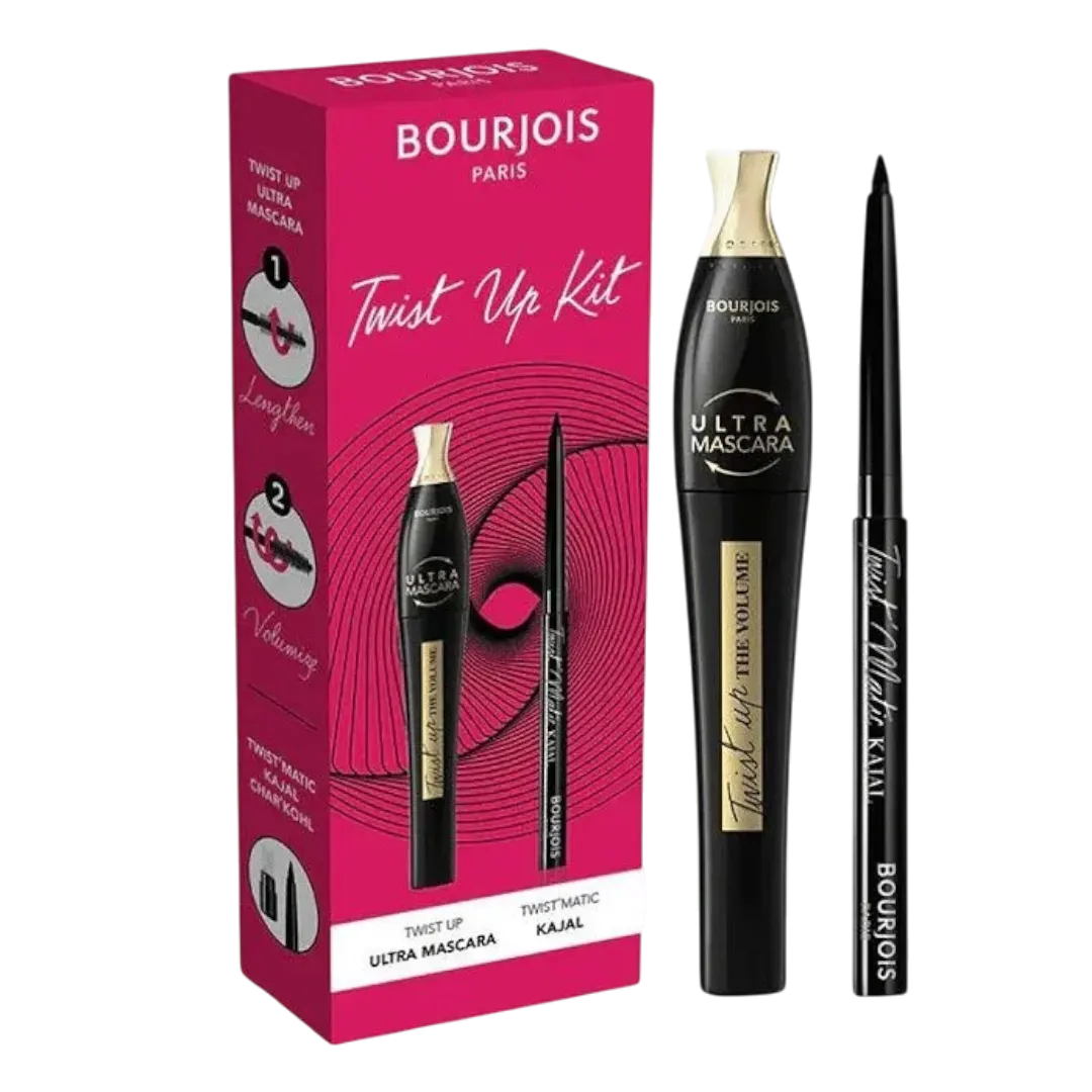 Bourjois Twist-Up Kit packaging with Ultra Mascara and Twist Matic Kajal. The mascara wand and box are displayed in black, gold, and pink colors. Buy Online in Lebanon at Menkelchi