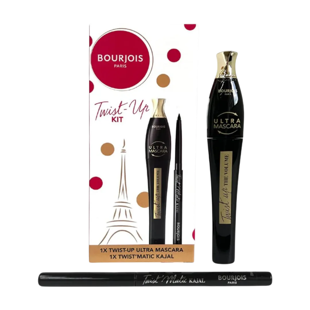 Bourjois Twist-Up Kit Ultra Mascara & Twist Matic Kajal, packaging and products displayed. Buy Online in Lebanon at Menkelchi