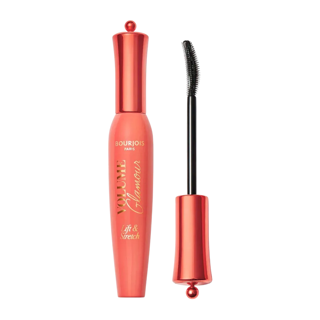 A tube of Bourjois Volume Glamour Lift&Stretch Mascara with a brush applicator, the product is primarily red with gold text detailing. Buy Online in Lebanon at Menkelchi