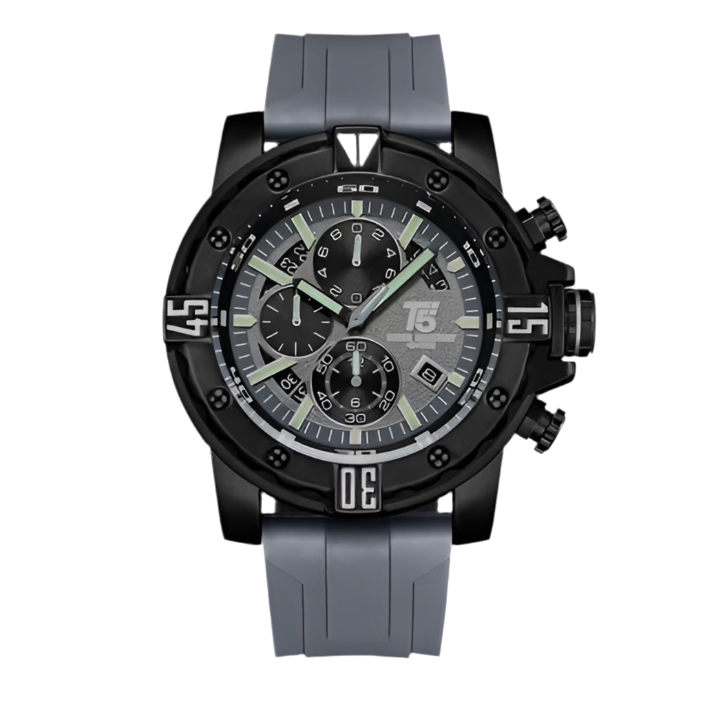 Wristwatch T5 Original Chronograph Watch For Men with black dial and gray strap on a white background
