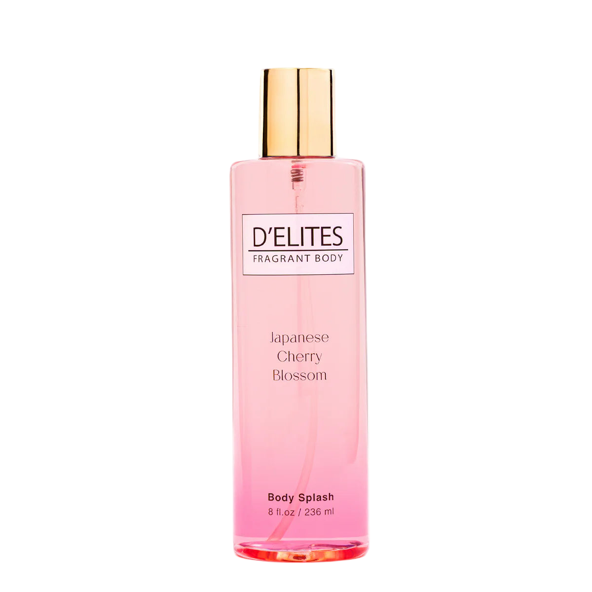 Pink bottle of D'Elites Japanese Cherry Blossom Body Splash on a white background