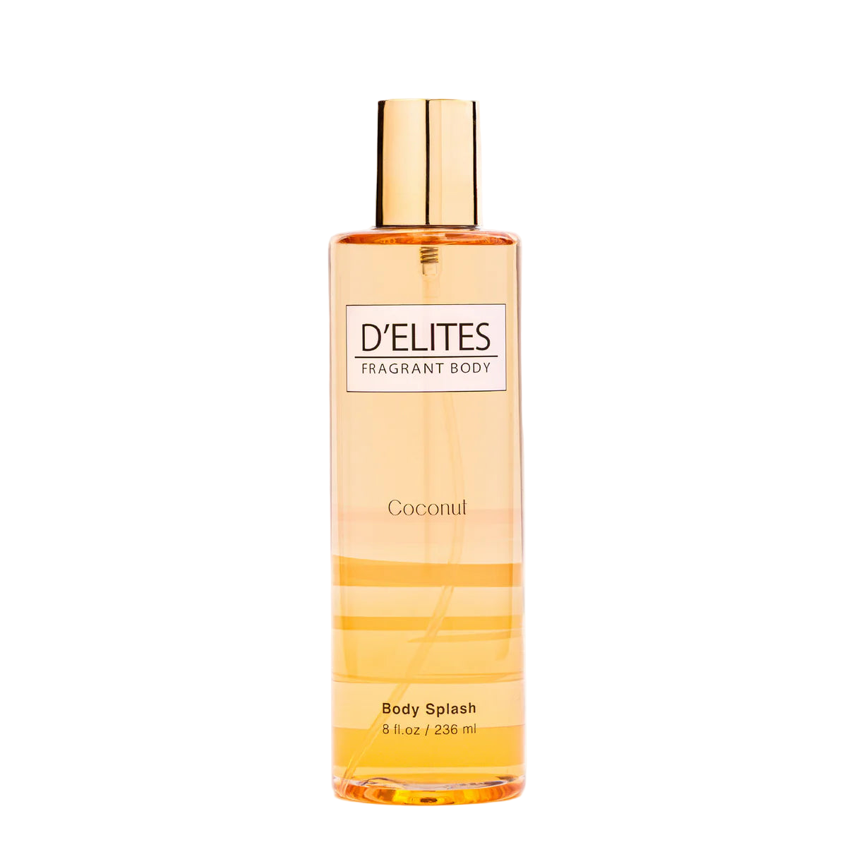 Bottle of D'Elites Coconut Body Splash on a white background