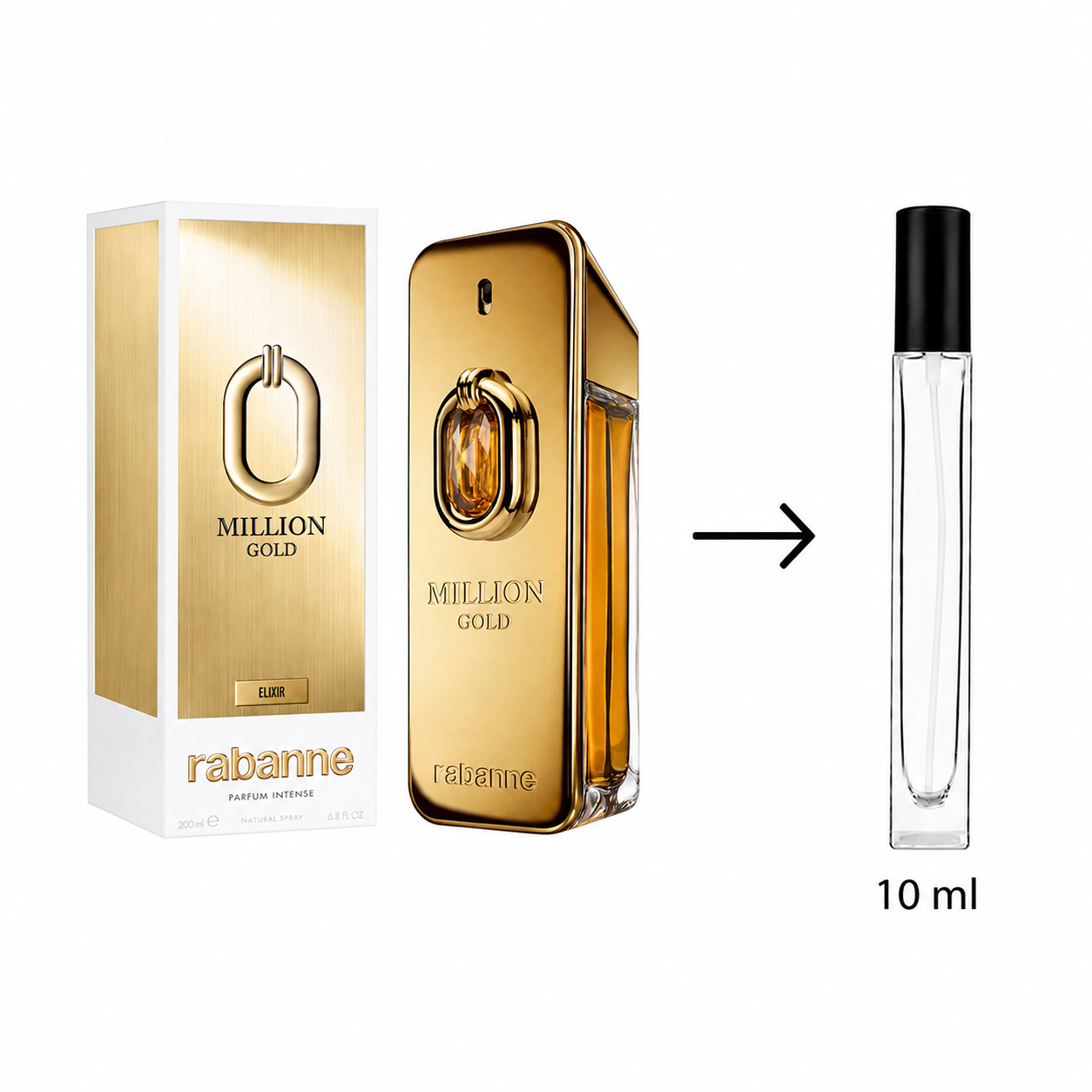 Rabanne Million Gold Elixir perfume shown with its gold-and-white retail box, the rectangular gold bottle, and a separate clear 10 ml travel spray bottle on a white background.