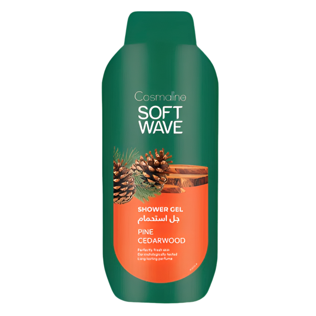 Cosmaline Soft Wave shower gel bottle with pine and cedarwood elements on a white background