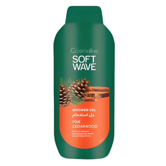 Cosmaline Soft Wave shower gel bottle with pine and cedarwood elements on a white background