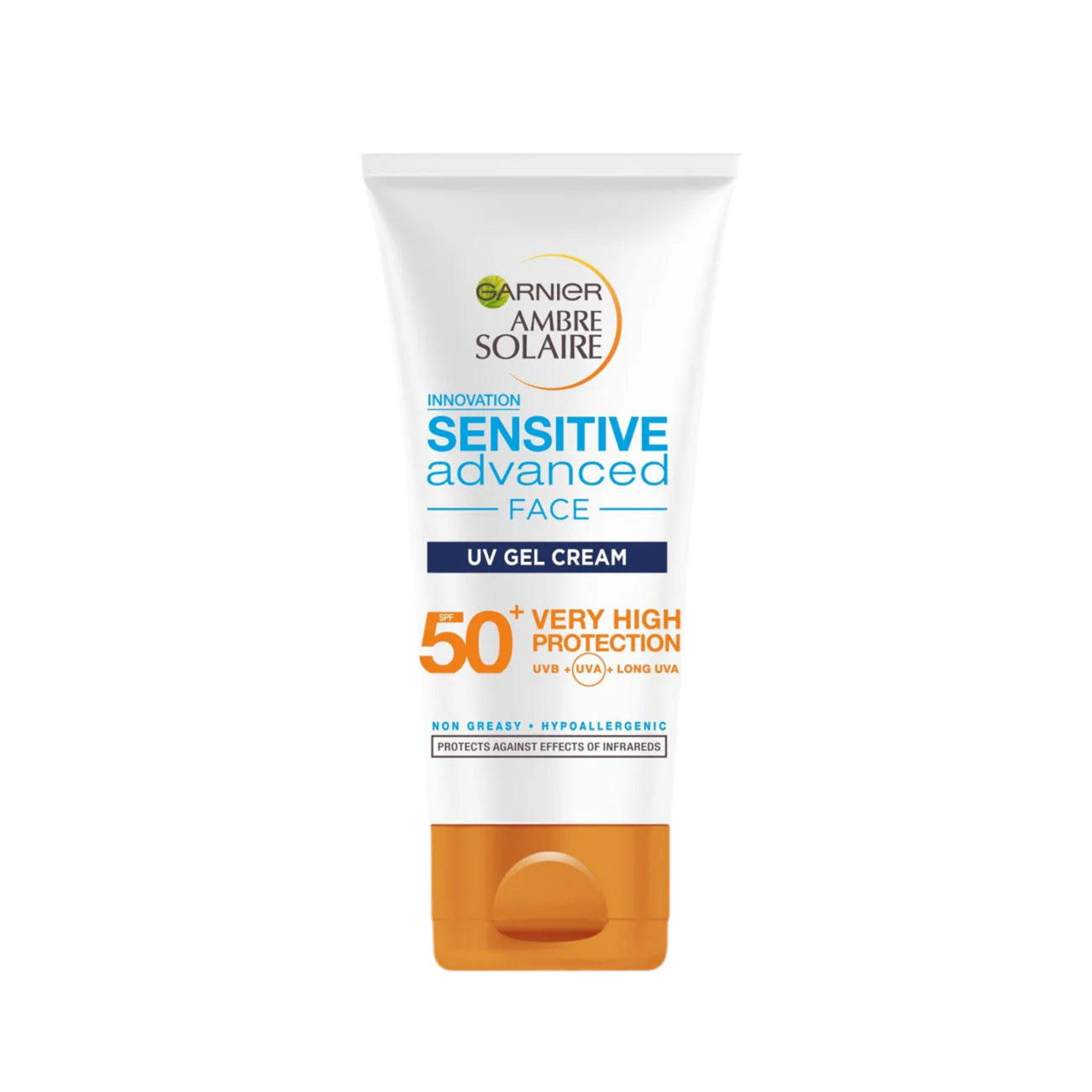 A tube of Garnier Ambre Solaire Sensitive Advanced SPF 50+ UV Gel Cream for face with very high protection.