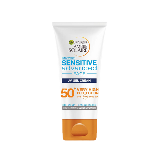 A tube of Garnier Ambre Solaire Sensitive Advanced SPF 50+ UV Gel Cream for face with very high protection.