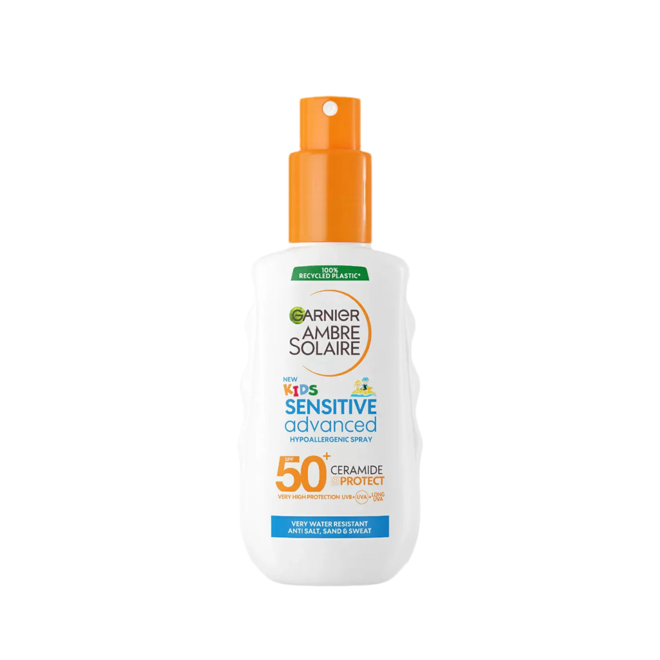 A bottle of Garnier Ambre Solaire Kids SPF 50+ Sun Spray with a white and orange design, indicating sensitive skin protection.