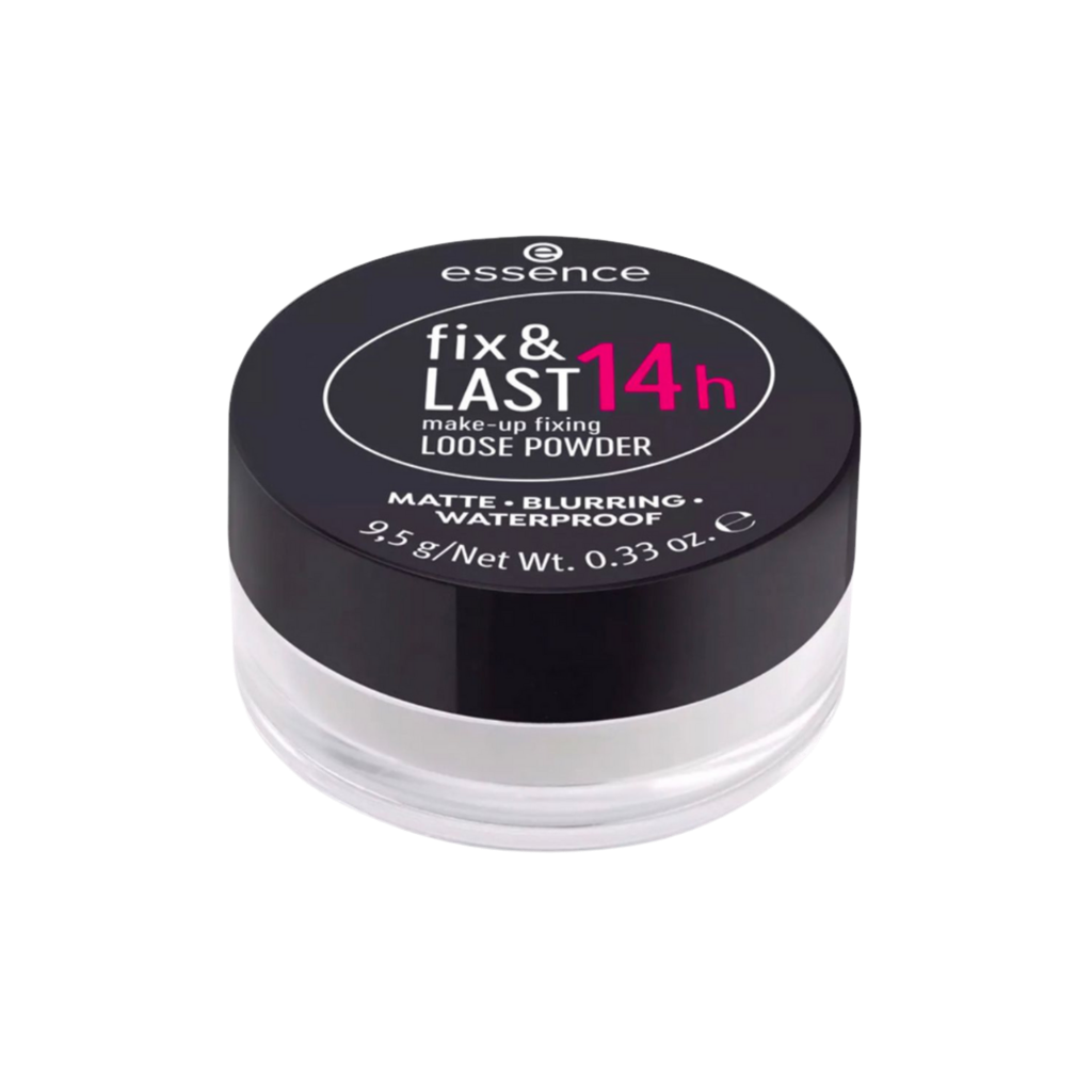 Essence Loose powder container with black lid featuring 'essence' branding on a white background