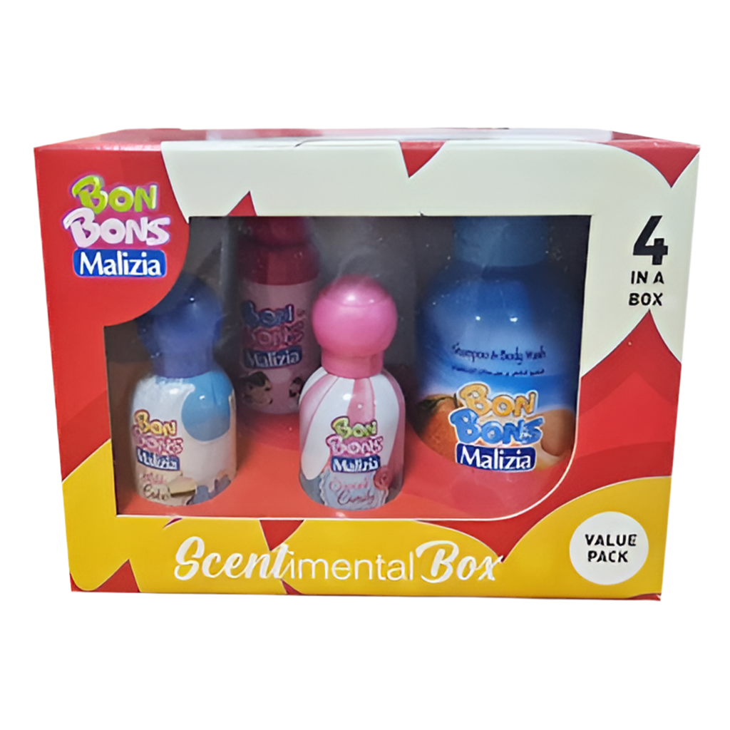 Packaging of Bon Bons Malizia products with four bottles inside on a white background