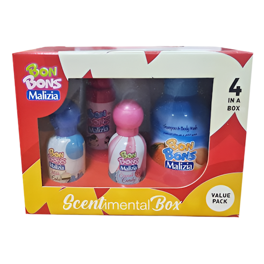 Packaging of Bon Bons Malizia products with four bottles inside on a white background