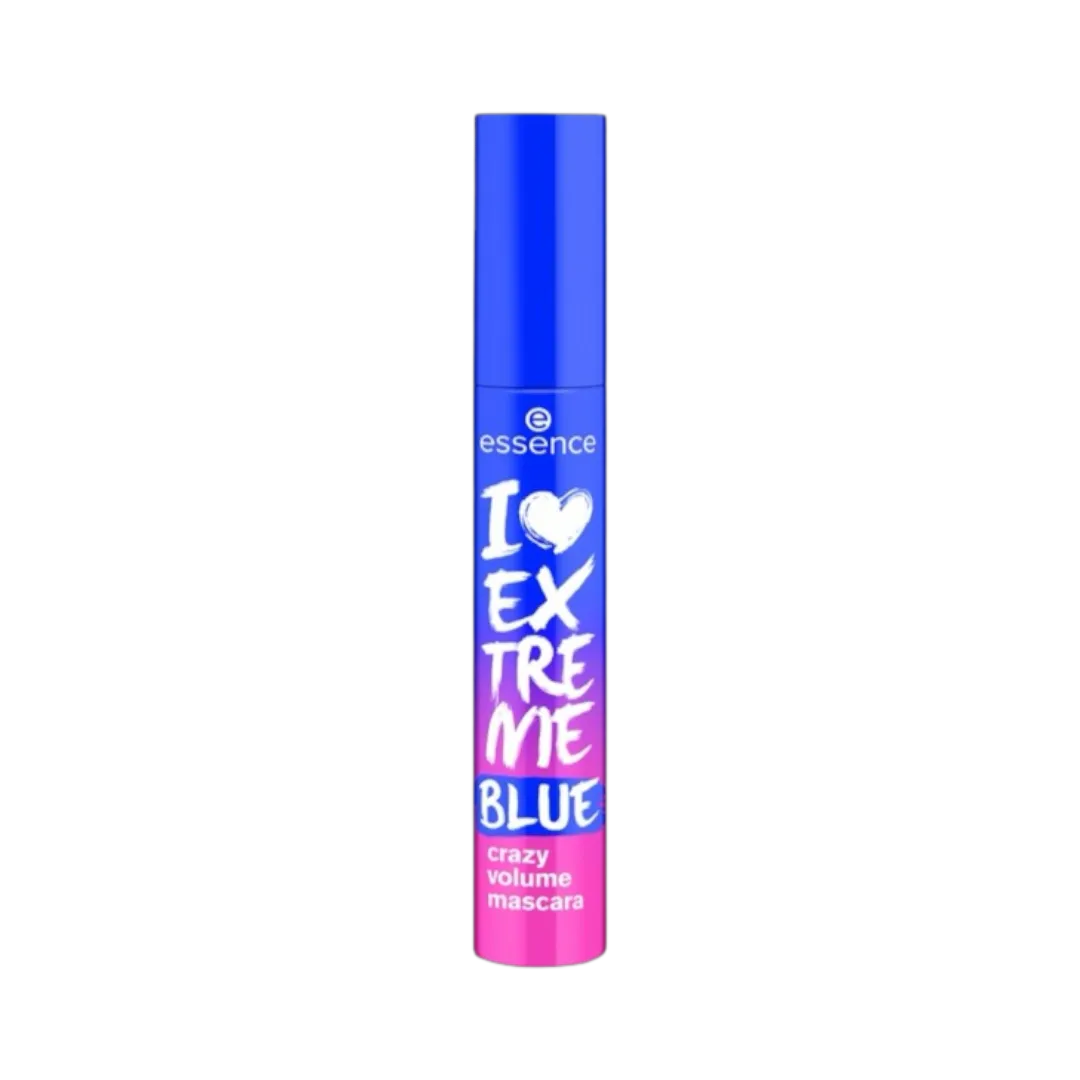 A tube of Essence I Love Crazy Volume Mascara in blue color with buildable texture for extreme volume, displayed against a white background. Buy Online in Lebanon at Menkelchi