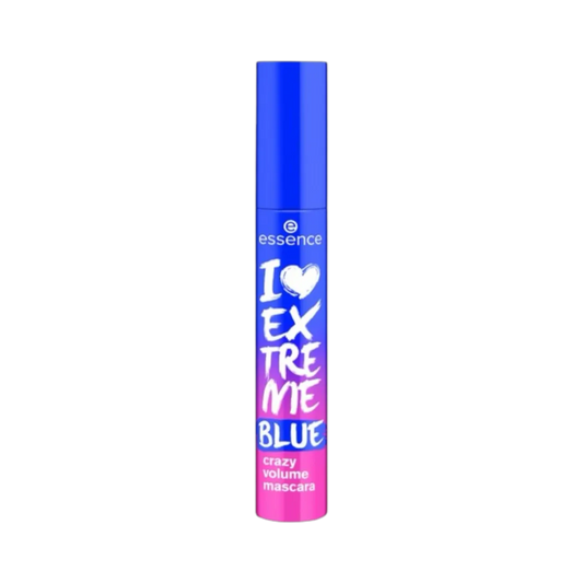 A tube of Essence I Love Crazy Volume Mascara in blue color with buildable texture for extreme volume, displayed against a white background.  Buy Online in Lebanon at Menkelchi