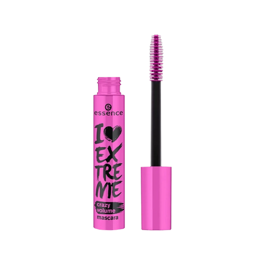 A tube of Essence I Love Extreme Crazy Volume Mascara in black color with an applicator brush. The packaging is pink with text and branding. Buy Online in Lebanon at Menkelchi