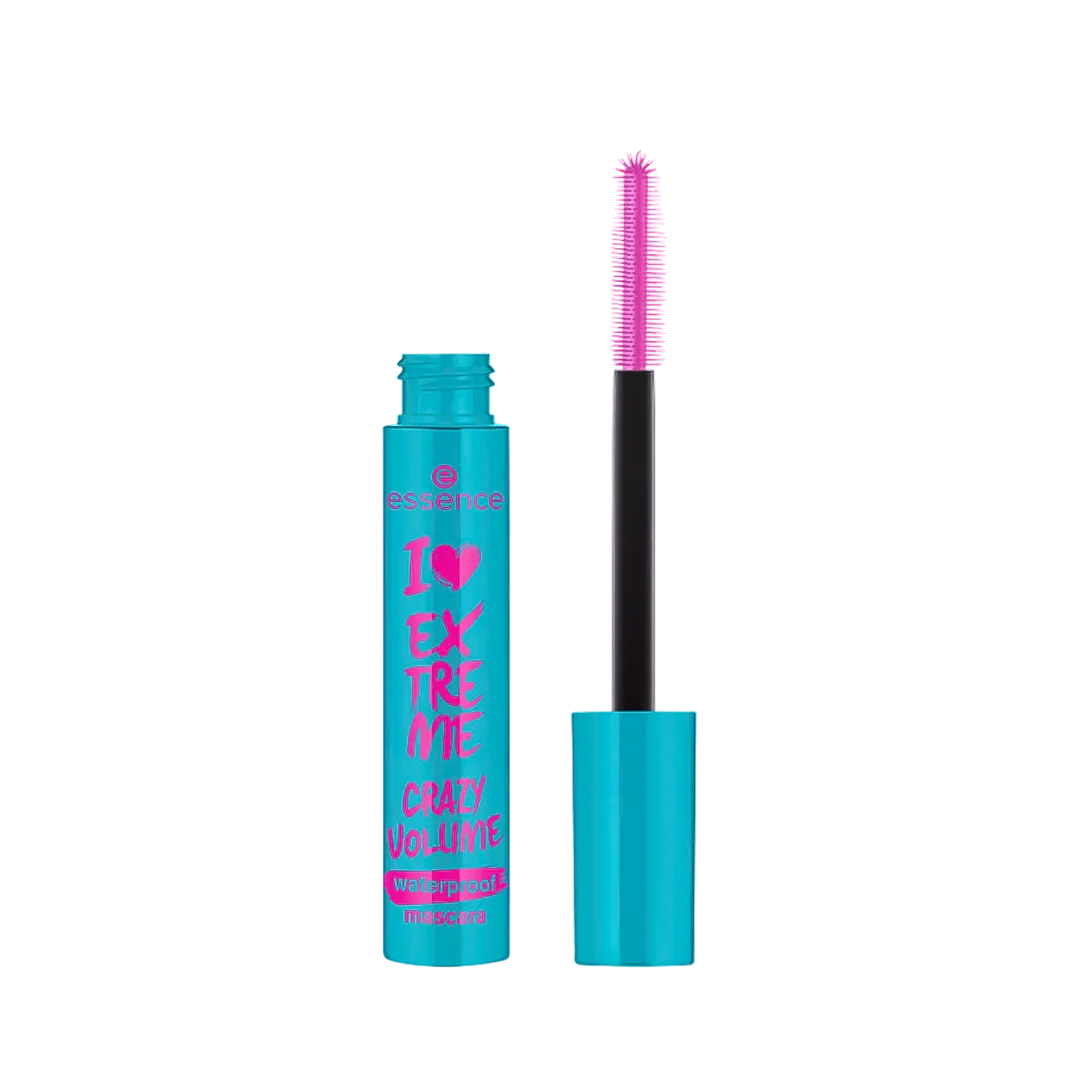A tube of Essence I Love Extreme Crazy Volume Waterproof Mascara with an extra wide brush, displayed against a white background. Buy Online in Lebanon at Menkelchi