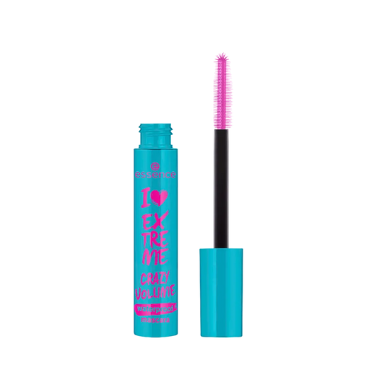 A tube of Essence I Love Extreme Crazy Volume Waterproof Mascara with an extra wide brush, displayed against a white background. Buy Online in Lebanon at Menkelchi