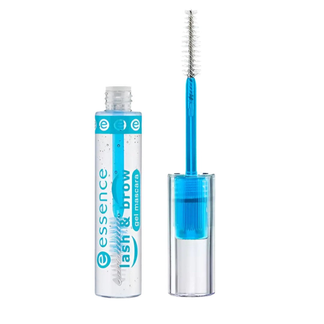 A tube of Essence lash and brow gel mascara with the wand applicator showing the clear gel. Buy Online in Lebanon at Menkelchi