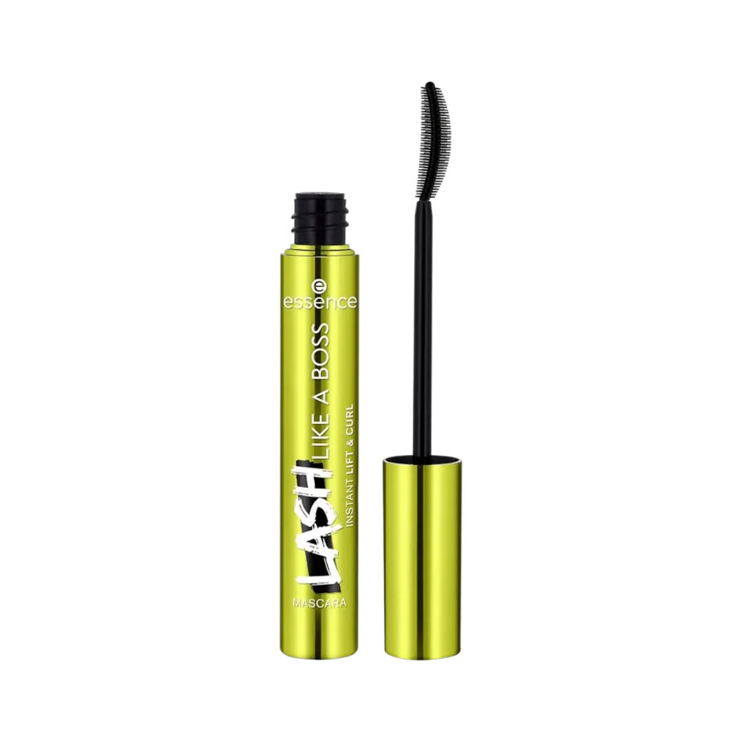 A tube of Essence Lash Like A Boss Mascara with the cap off, showing the black brush with a curved elastomer brush for curling and volumizing eyelashes. Buy Online in Lebanon at Menkelchi