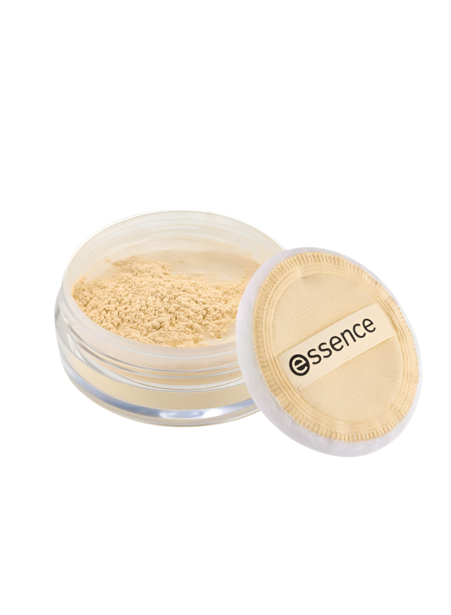 Open jar of loose powder with 'essence' branding on a white background