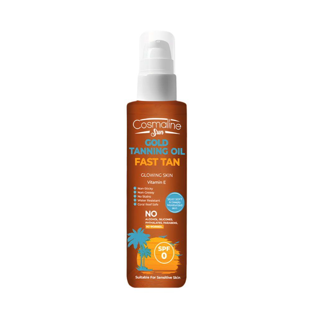 Cosmaline Gold Tanning Oil Fast Tan bottle on a white background