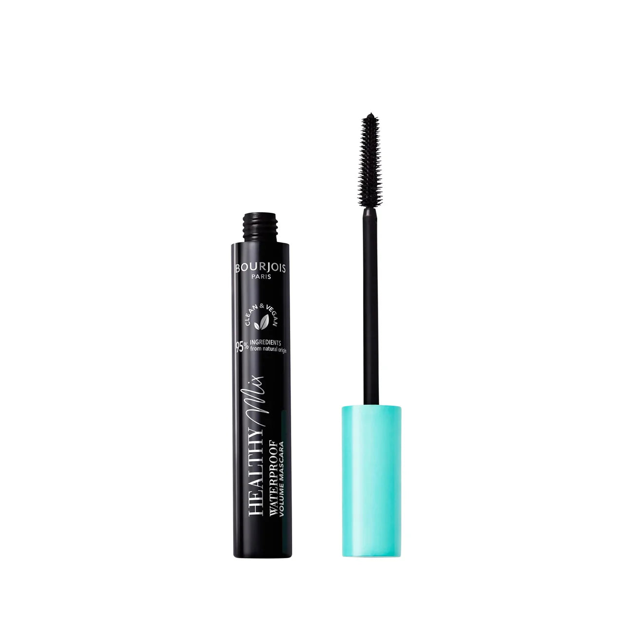 Bourjois Mascara with black tube and blue cap on a white background
