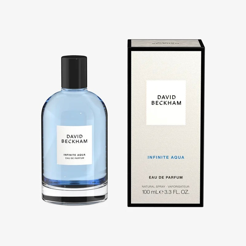 David Beckham Infinite Aqua Eau de Parfum bottle next to its packaging box, shown on a light gray background.