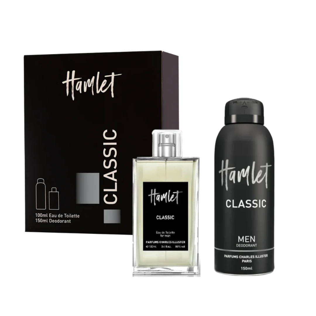 Gift set of Hamlet Classic Eau De Toilette and Deodorant for men, including a 100ml edc bottle and a 150ml deodorant spray, both in black packaging with white and silver text.