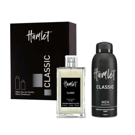 Gift set of Hamlet Classic Eau De Toilette and Deodorant for men, including a 100ml edc bottle and a 150ml deodorant spray, both in black packaging with white and silver text.